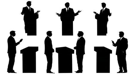 Two Speakers in a Debate at Lecterns Silhouettes Set isolated on plain white background.のイラスト素材