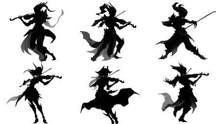 Fantasy Elf or Mythical Violinist Character Silhouettes isolated on plain white background.のイラスト素材