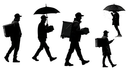 Courier Delivering in Adverse Weather Condition Silhouettes isolated on plain white background.のイラスト素材