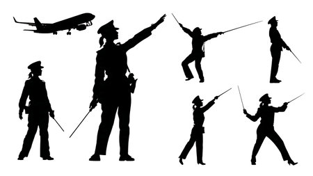 Confident Female Aircraft Marshaller Signaling Silhouettes Set isolated on plain white background.のイラスト素材