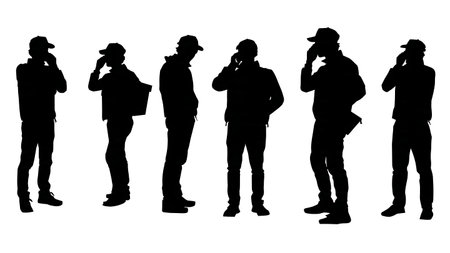 Courier Making a Professional Phone Call Silhouettes Set of Six isolated on plain white background.のイラスト素材