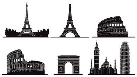 Black Solid European Landmark Silhouettes Set of Six isolated on plain white background.のイラスト素材