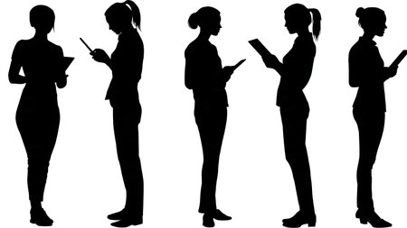 Female Warehouse Manager Using a Tablet Silhouettes Set isolated on plain white background.のイラスト素材