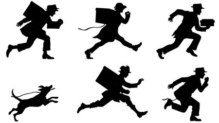 Humorous Scene of a Courier Being Chased by a Dog Silhouettes isolated on plain white background.のイラスト素材