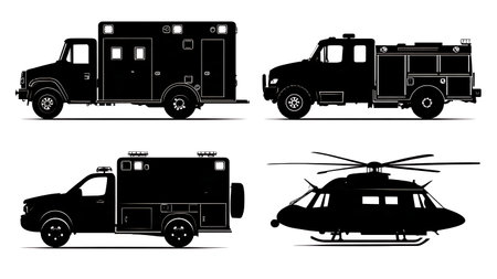 Collection of Emergency Rescue Vehicle Silhouettes isolated on plain white background.のイラスト素材