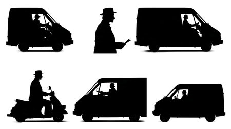 Courier Driving Delivery Van from Various Perspectives Silhouettes isolated on plain white background.のイラスト素材