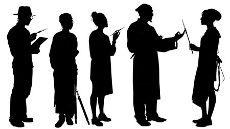 Artist Explaining Tattoo Needles to an Apprentice Silhouettes isolated on plain white background.のイラスト素材