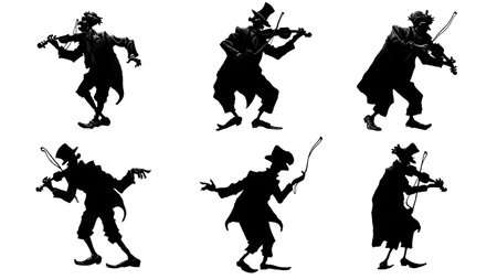Comical and Clumsy Violinist Silhouettes Pack isolated on plain white background.のイラスト素材