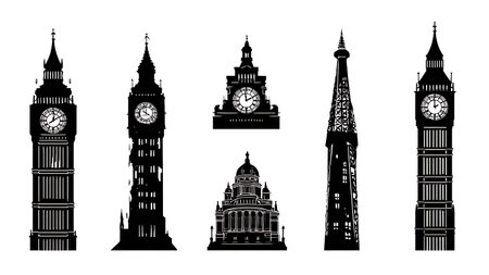 Global Famous Clock Tower Landmark Silhouettes Set isolated on plain white background.のイラスト素材