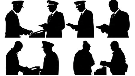 Black Solid Customs and Immigration Officer Silhouettes Set isolated on plain white background.のイラスト素材