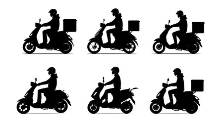 Collection of Six Black Solid Delivery Scooter Silhouettes isolated on plain white background.のイラスト素材