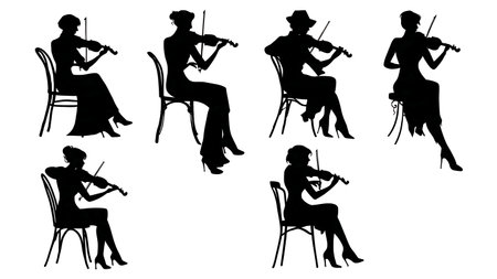 Collection of Six Seated Female Violinist Silhouettes isolated on plain white background.のイラスト素材