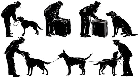 Airport Customs Sniffer Dog and Handler Team Silhouettes isolated on plain white background.のイラスト素材