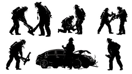 Firefighter Using Jaws of Life for Car Crash Extrication Silhouettes isolated on plain white background.のイラスト素材