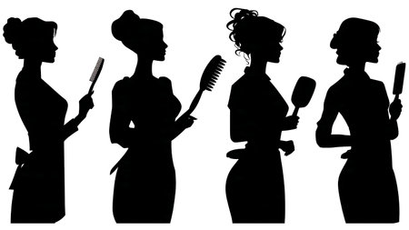 Black Solid Hair Stylist Brush and Comb Silhouettes Set of Six on White Background isolated on plain white background.のイラスト素材