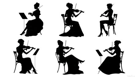 Collection of Six Seated Female Violinist Silhouettes isolated on plain white background.のイラスト素材