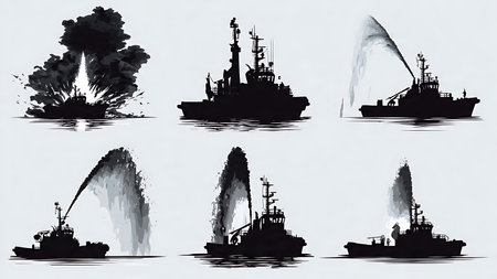Fireboat Fighting a Dock Fire Silhouettes isolated on plain white background.のイラスト素材
