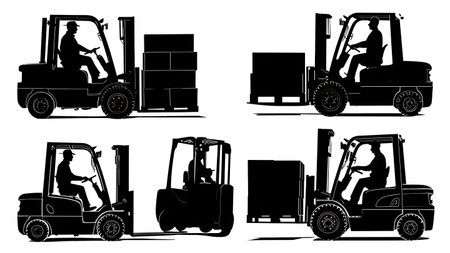 Warehouse Forklift Operator Moving Pallets Silhouettes Pack isolated on plain white background.のイラスト素材