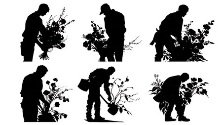 Artist Creating a Large Floral Botanical Tattoo Silhouettes isolated on plain white background.のイラスト素材