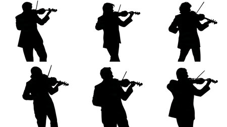 High-Angle Top-Down View of a Violinist Silhouettes Set isolated on plain white background.のイラスト素材