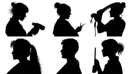 Black Solid Hair Stylist Hair Mousse Silhouettes Set of Six on White Background isolated on plain white background.のイラスト素材