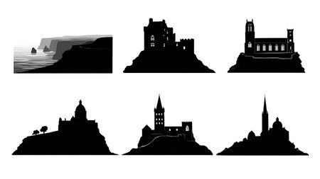 Historic and Natural Irish Landmark Silhouettes Set isolated on plain white background.のイラスト素材