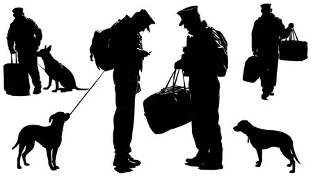 Airport K-9 Unit Security Officer and Dog Silhouettes Set isolated on plain white background.のイラスト素材