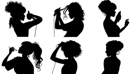 Black Solid Hair Stylist Perming Silhouettes Set of Six on White Background isolated on plain white background.のイラスト素材