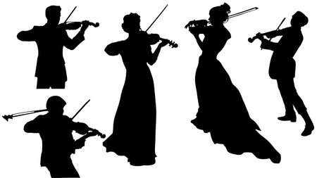 Dramatic Low-Angle View of a Violinist Silhouettes Set isolated on plain white background.のイラスト素材
