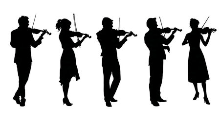 Left-Handed Violinist Playing Posture Silhouettes isolated on plain white background.のイラスト素材