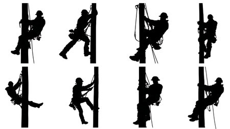 Lineman Performing a Utility Pole Rescue Silhouettes isolated on plain white background.