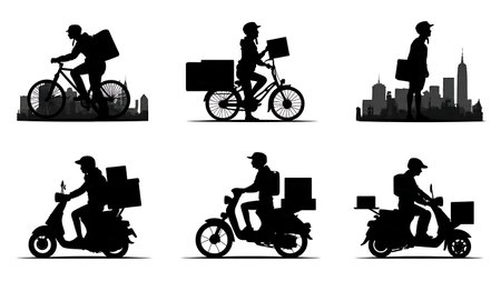 Urban Last-Mile Delivery Hub with Couriers Silhouettes isolated on plain white background.のイラスト素材