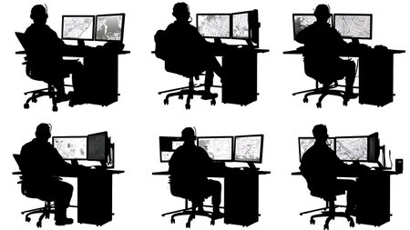 Logistics Dispatcher Coordinating Vehicle Fleet Silhouettes isolated on plain white background.のイラスト素材