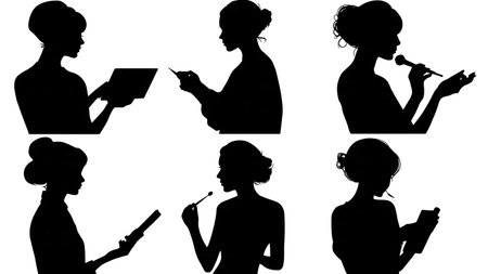 Black Solid Makeup Artist Airbrush Tan Silhouettes Set of Six on White Background isolated on plain white background.のイラスト素材