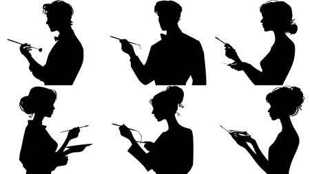 Black Solid Makeup Artist Tweezers Silhouettes Set of Six on White Background isolated on plain white background.のイラスト素材