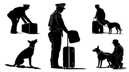 Airport K-9 Unit Security Officer and Dog Silhouettes Set isolated on plain white background.のイラスト素材