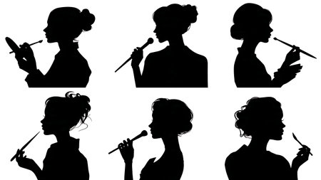 Black Solid Makeup Artist Contouring Silhouettes Set of Six on White Background isolated on plain white background.のイラスト素材