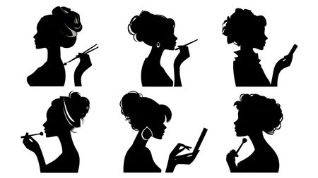 Black Solid Makeup Artist Editorial Makeup Silhouettes Set of Six on White Background isolated on plain white background.のイラスト素材