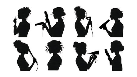 Black Solid Makeup Artist Curling Iron Silhouettes Set of Six on White Background isolated on plain white background.のイラスト素材