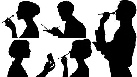 Black Solid Makeup Artist Shimmer Dust Silhouettes Set of Six on White Background isolated on plain white background.のイラスト素材