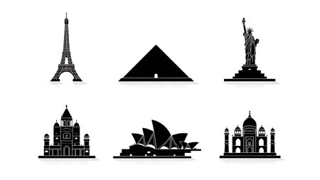 Minimalist Landmark Icon Silhouettes for Web and App isolated on plain white background.のイラスト素材
