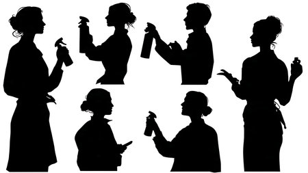 Black Solid Makeup Artist Spray Bottle Silhouettes Set of Six on White Background isolated on plain white background.のイラスト素材