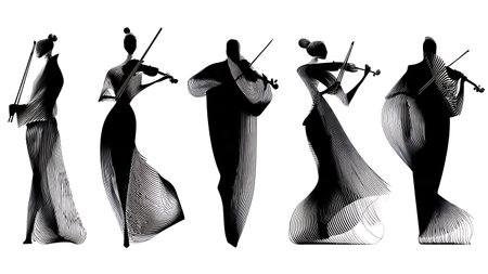 Minimalist and Abstract Line Art Violinist Silhouettes isolated on plain white background.のイラスト素材