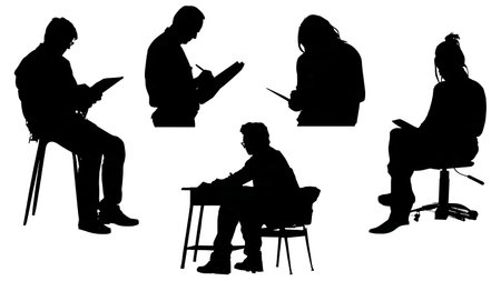 Artist in a Clean, Minimalist Tattoo Studio Silhouettes isolated on plain white background.のイラスト素材