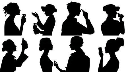 Black Solid Makeup Artist Sunscreen Application Silhouettes Set of Six on White Background isolated on plain white background.のイラスト素材