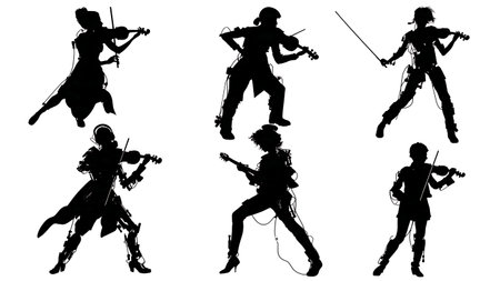 Modern Experimental Violinist Silhouettes Collection isolated on plain white background.のイラスト素材