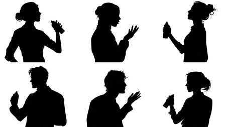 Black Solid Makeup Artist Spray Bottle Silhouettes Set of Six on White Background isolated on plain white background.のイラスト素材