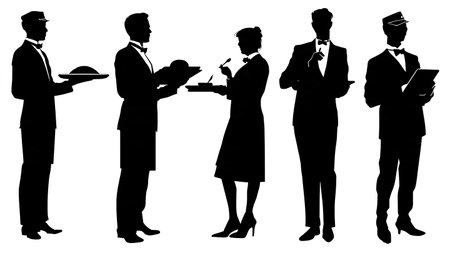 Black Solid Male Flight Attendant Professional Duty Silhouettes isolated on plain white background.のイラスト素材