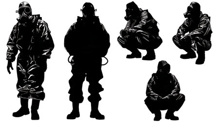 Nuclear Emergency Response Team in Radiation Suits Silhouettes isolated on plain white background.のイラスト素材