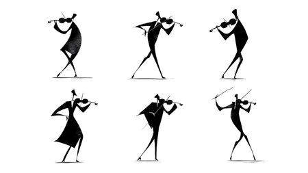 Minimalist and Abstract Line Art Violinist Silhouettes isolated on plain white background.のイラスト素材